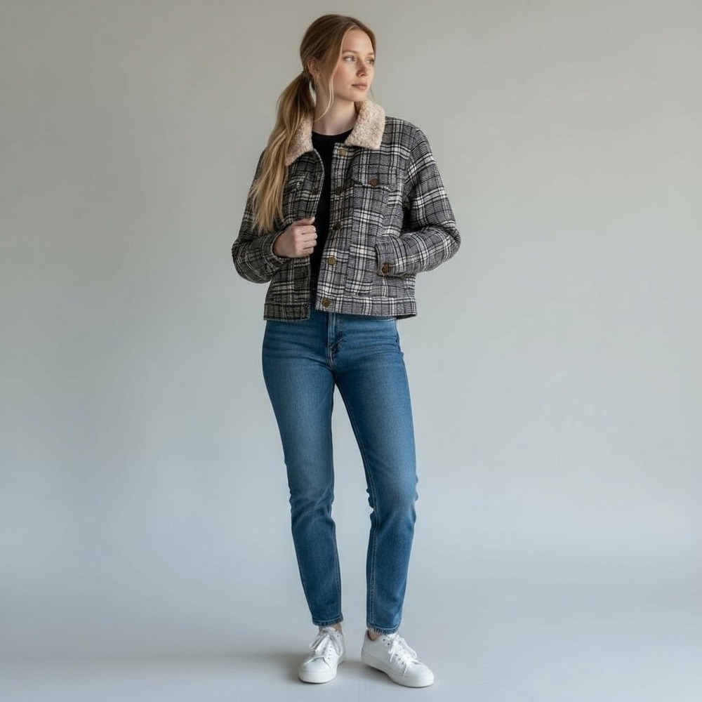 Copper Key Plaid Trucker Jacket Faux Shearling Collar XS Black White Burgundy